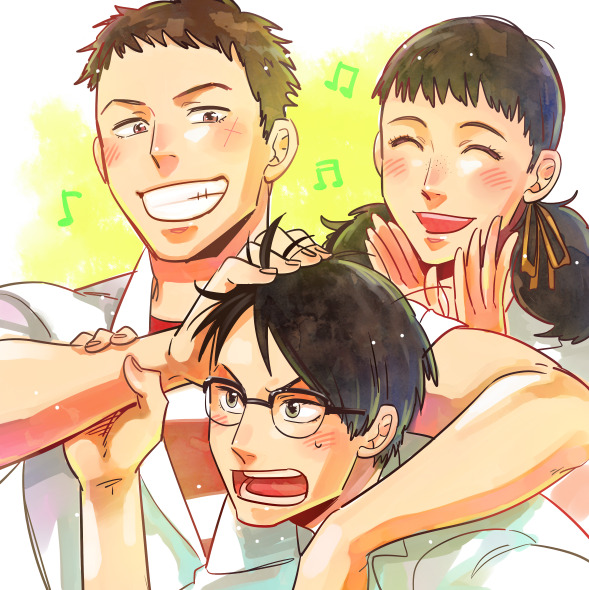 1girl, 2boys, :d, artist_request, bad_id, bad_pixiv_id, black_eyes, black_hair
