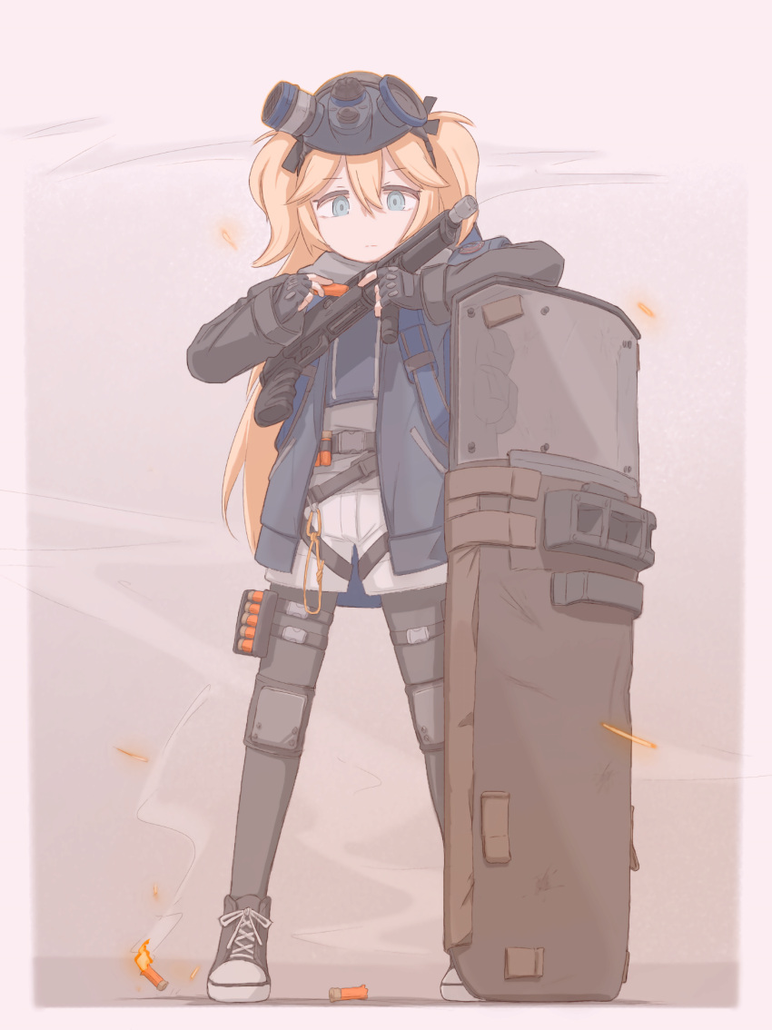 1girl, ammunition, ammunition_pouch, black_footwear, black_gloves, black_jacket, black_pantyhose, blue_jacket, call_of_duty, call_of_duty:_modern_warfare_2, fingerless_gloves, fire, gas_mask, girls_frontline, gloves, gradient_background, gun, highres, holding, holding_weapon, jacket, knee_pads, long_sleeves, mask, mask_on_head, multicolored_clothes, multicolored_jacket, open_clothes, open_jacket, pantyhose, player193, pouch, pump_action, reloading, riot_shield, serbu_super-shorty, shell_casing, shield, shoes, shorts, shotgun, shotgun_shell, smoke, sneakers, solo, super-shorty_(bad_cop_for_life)_(girls'_frontline), super-shorty_(girls'_frontline), two-tone_background, two-tone_footwear, two-tone_jacket, weapon, white_footwear, white_shorts