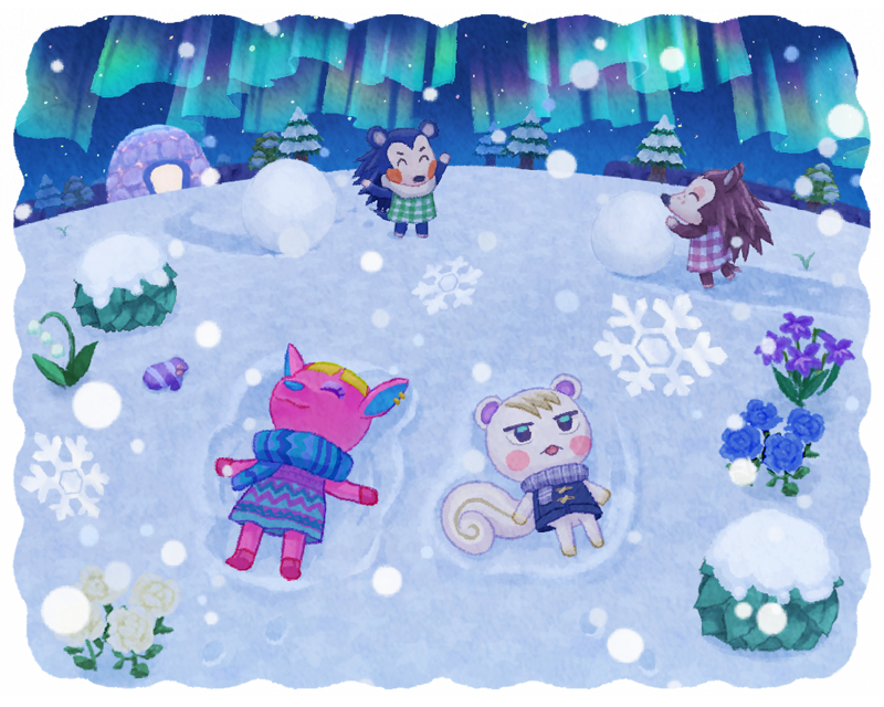 1boy, 3girls, ^_^, animal_crossing, animal_ear_piercing, arms_up, aurora, blonde_hair, blue_dress, blue_flower, blue_rose, blue_scarf, blush, blush_stickers, bush, closed_eyes, closed_mouth, commentary_request, dress, ear_piercing, eyelashes, flower, footprints, freckles, fuchsia_(animal_crossing), fur_scarf, furry, furry_female, furry_male, gingham, gingham_dress, green_dress, igloo, jitome, lily_of_the_valley, lying, mabel_able_(animal_crossing), marshal_(animal_crossing), mittens, moai_(aoh), multicolored_clothes, multicolored_dress, multiple_girls, night, night_sky, on_back, on_ground, open_mouth, outdoors, piercing, pine_tree, purple_dress, purple_flower, purple_mittens, purple_scarf, red_dress, rose, sable_able_(animal_crossing), scarf, siblings, sisters, sky, sleeveless, sleeveless_dress, smile, snow, snow_angel, snow_shelter, snowball, snowflakes, snowing, standing, star_(sky), tree, unworn_mittens, white_flower, winter