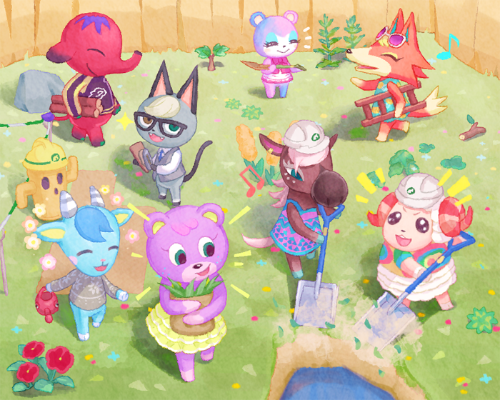 4boys, 4girls, :d, ^_^, animal_crossing, aqua_dress, audie_(animal_crossing), bag