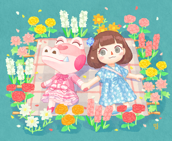 2girls, :3, ^_^, animal_crossing, aqua_background, blanket, blue_dress, blue_flower