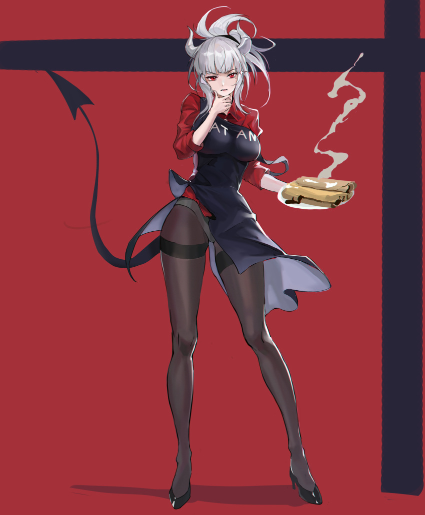 1girl, absurdres, apron, black_apron, black_footwear, black_tail, blunt_bangs, breasts, chocolate, commentary, crepe, demon_girl, demon_horns, demon_tail, derivative_work, english_commentary, food, food_on_face, full_body, helltaker, high_heels, highres, horns, large_breasts, legs, long_legs, lucifer_(helltaker), mole, mole_under_mouth, no_pants, panties, panties_under_pantyhose, pantyhose, pantyshot, red_background, red_eyes, red_shirt, shirt, side_slit, sleeves_pushed_up, solo, sooner, tail, thighband_pantyhose, underwear, white_hair, white_horns