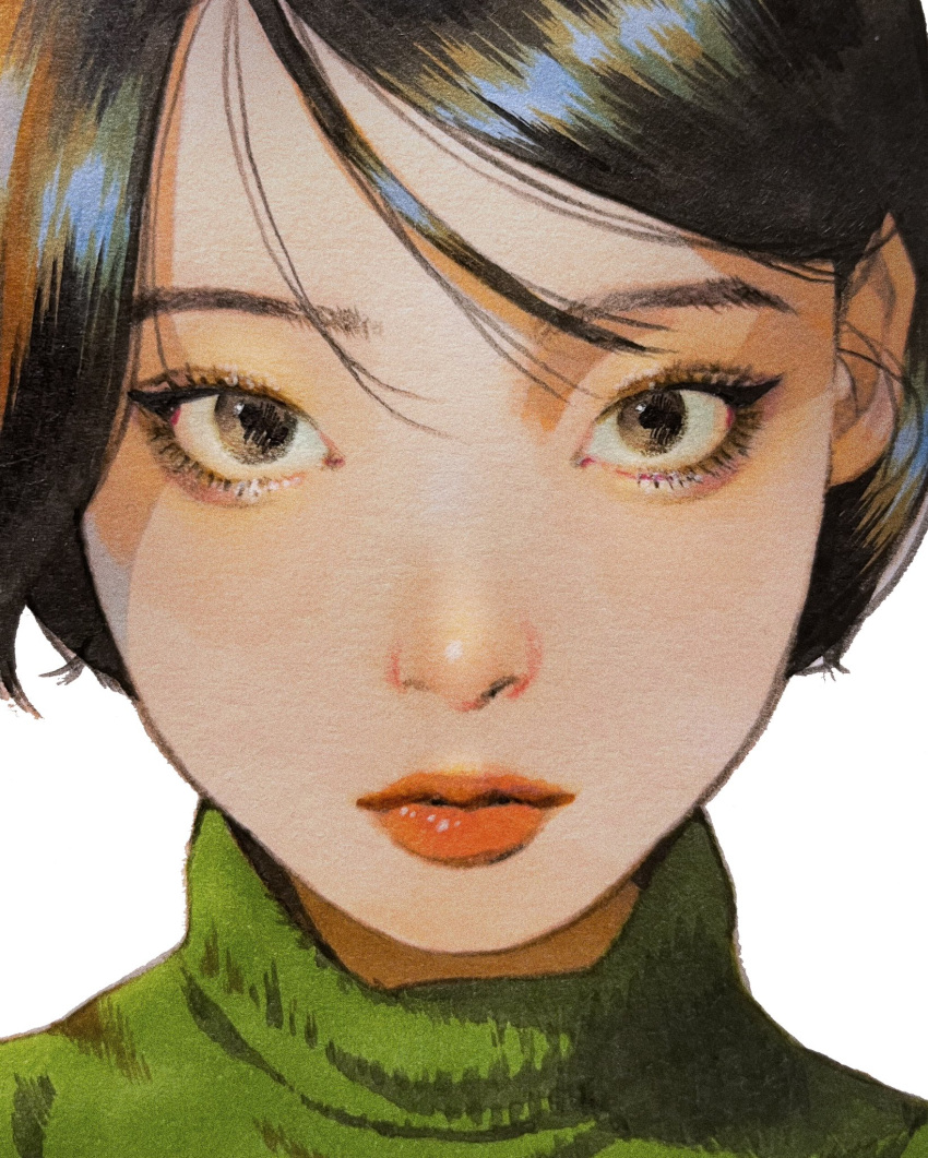 1girl, black_eyes, black_hair, chom1015, closed_mouth, commentary, eyelashes, green_sweater