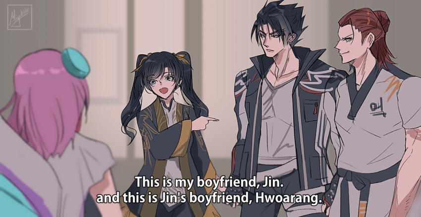 2boys, 2girls, alisa_boskonovich, black_eyes, black_hair, brown_hair, commentary, english_commentary, english_text, hetero, hwoarang_(tekken), jacket, kazama_jin, ling_xiaoyu, long_hair, miyukiko, multiple_boys, multiple_girls, open_clothes, open_jacket, parks_and_recreation, pink_hair, pointing, pointing_at_another, redhead, shirt, short_hair, smile, subtitled, tekken, twintails, yaoi