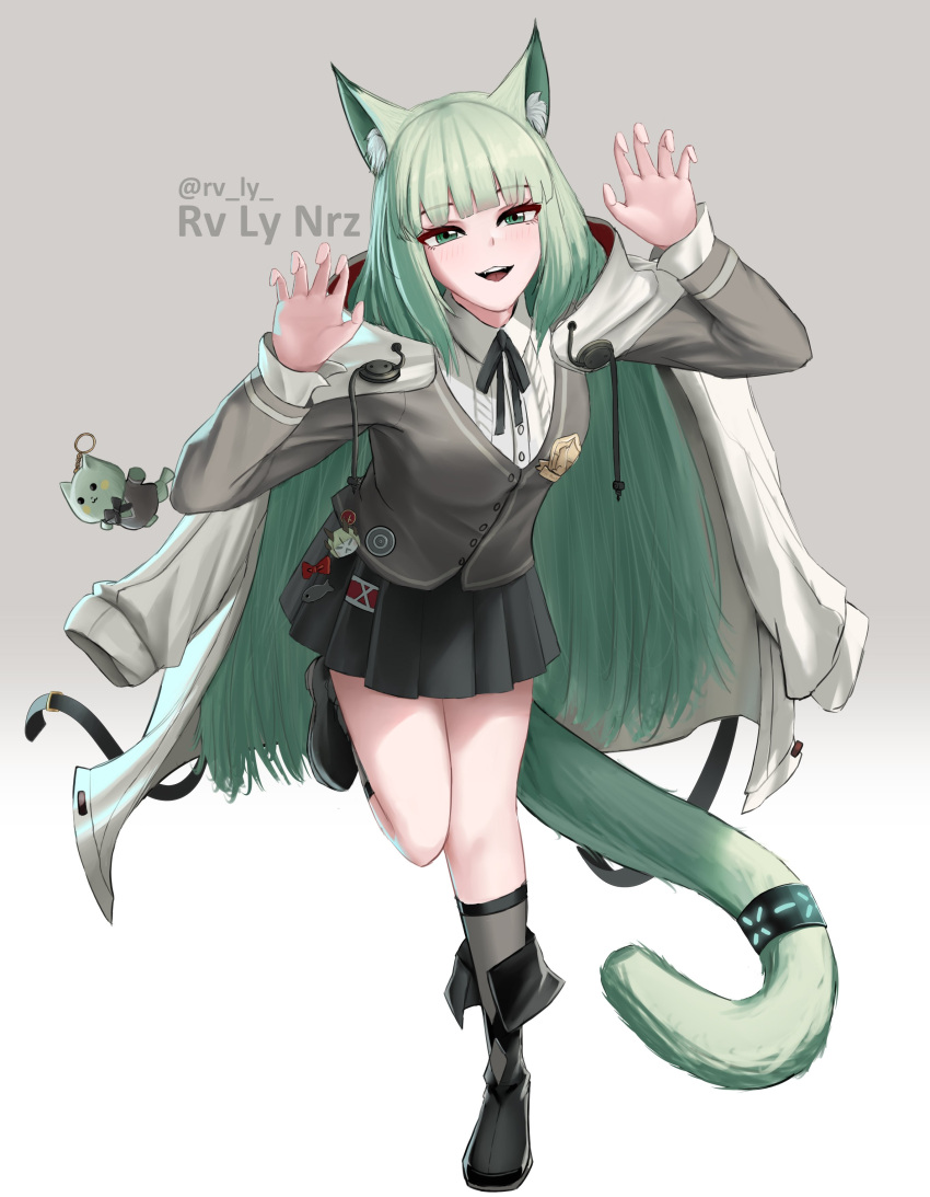 arknights, cat_ears, cat_girl, cat_pose, cat_tail, green_eyes, green_hair, harmonie_(arknights), long_hair, rvly, skirt, tail, thick_thighs, thigh_boots, thighs, uniform