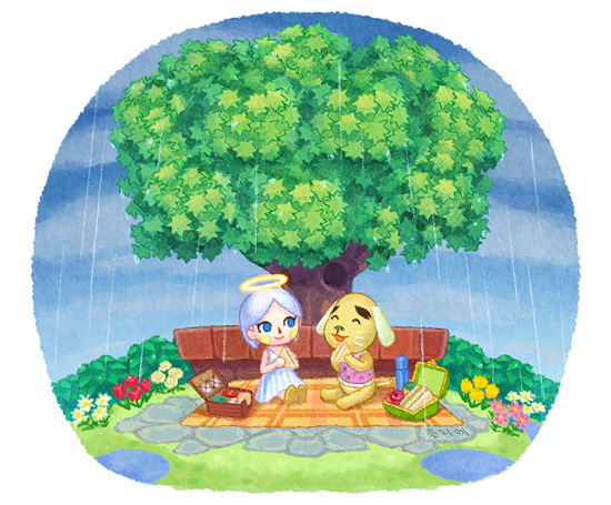 1boy, 1girl, :d, ^_^, animal_crossing, apple, benjamin_(animal_crossing), blanket