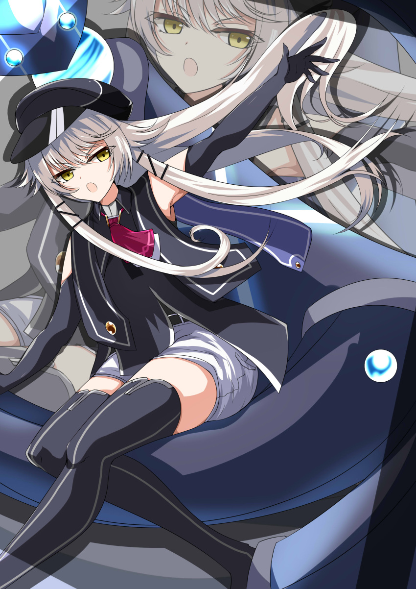 1girl, absurdres, altina_orion, armpits, ayasato_karen, black_gloves, boots, claiomh_solais_(kiseki), cropped_jacket, eiyuu_densetsu, elbow_gloves, gloves, hajimari_no_kiseki, hat, highres, long_hair, open_mouth, peaked_cap, robot, sen_no_kiseki, sen_no_kiseki_iv, sidelocks, thigh_boots, white_hair, yellow_eyes