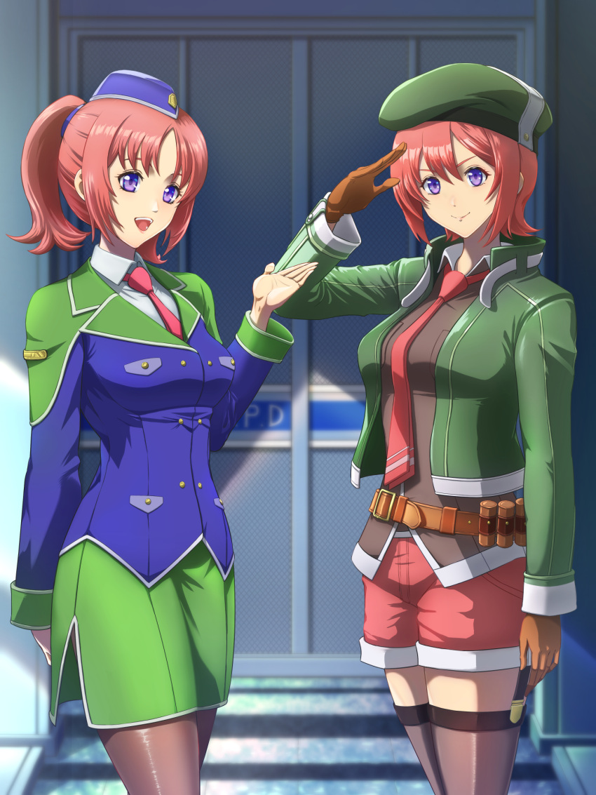 2girls, ao_no_kiseki, belt, beret, breasts, brown_gloves, chiga_akira, cropped_jacket