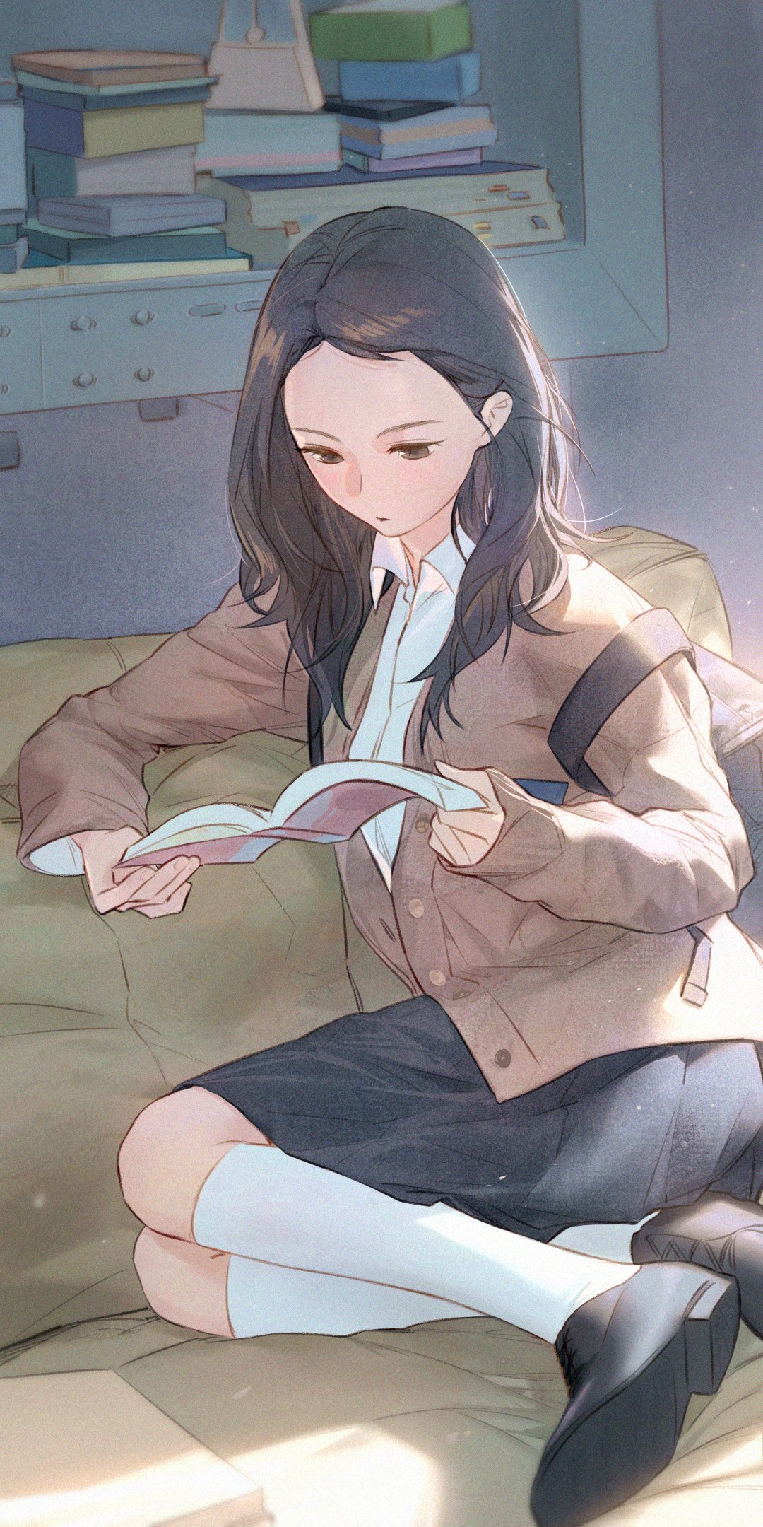 1girl, backpack, bag, black_bag, black_eyes, black_footwear, black_hair, book, brown_cardigan, cardigan, collared_shirt, commentary_request, couch, crossed_legs, dini_illust, fingernails, full_body, hair_behind_ear, hair_over_shoulder, highres, holding, holding_book, indoors, kneehighs, long_hair, long_sleeves, metronome, original, partially_unbuttoned, pleated_skirt, reading, school_uniform, shirt, sitting, skirt, socks, solo, sunlight, white_shirt, white_socks