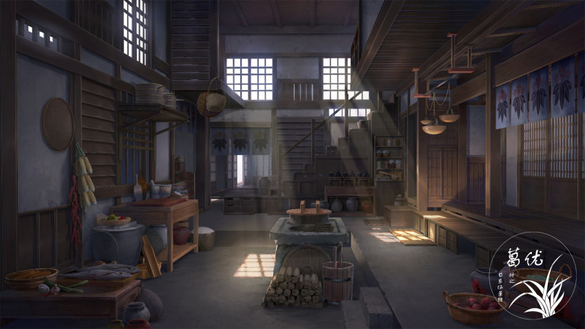 artist_logo, basket, butter_churn, firewood, food, highres, indoors, no_humans