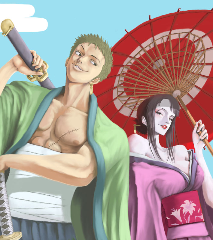 1boy, 1girl, alternate_costume, black_eyes, black_hair, chest_sarashi, commentary_request, dual_wielding