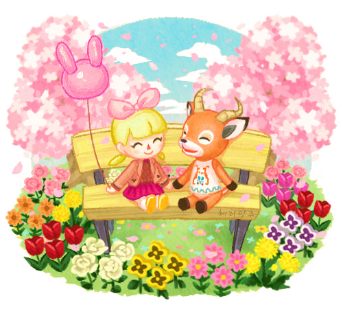 1boy, 1girl, :d, ^_^, animal_crossing, balloon, beau_(animal_crossing), bench