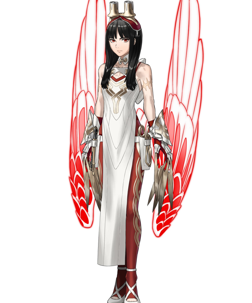 1girl, bare_shoulders, black_hair, feathered_wings, fire_emblem, fire_emblem_heroes, gloves, glowing, glowing_wings, highres, hraesvelgr_(fire_emblem), leggings, long_hair, looking_at_viewer, non-web_source, red_eyes, red_gloves, red_leggings, red_wings, scar, solo, wings