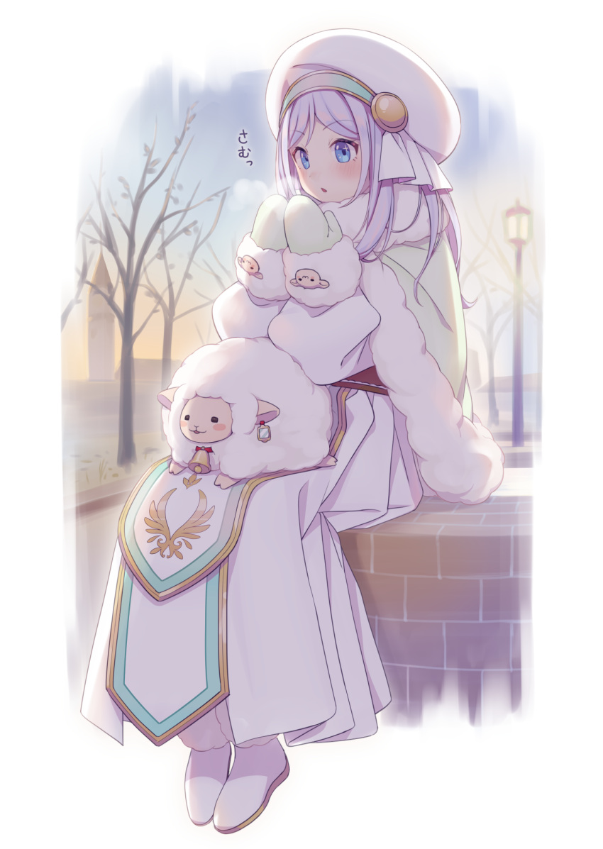 1girl, animal_on_lap, bare_tree, bell, blue_eyes, breath, capelet, cosmonoah