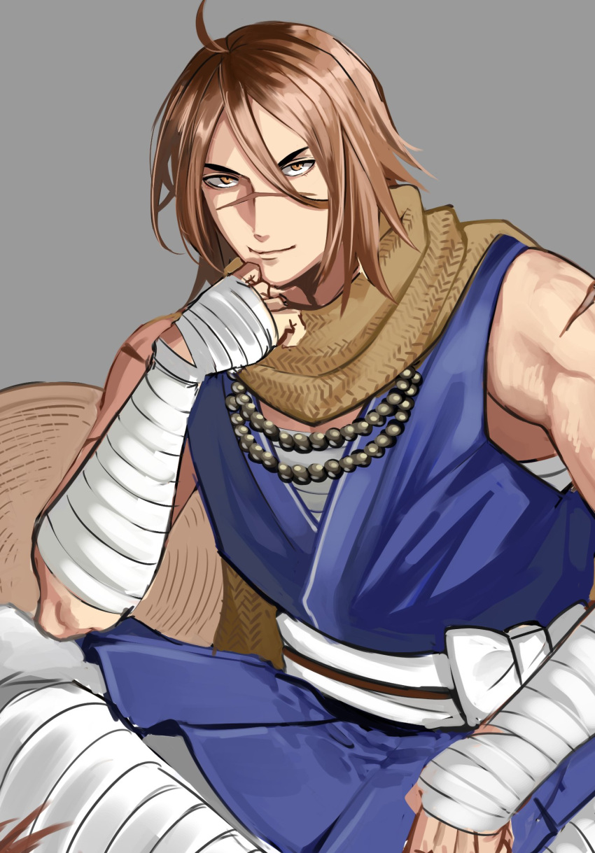 1boy, bandaged_arm, bandages, bead_necklace, beads, brown_eyes, brown_hair, chest_sarashi