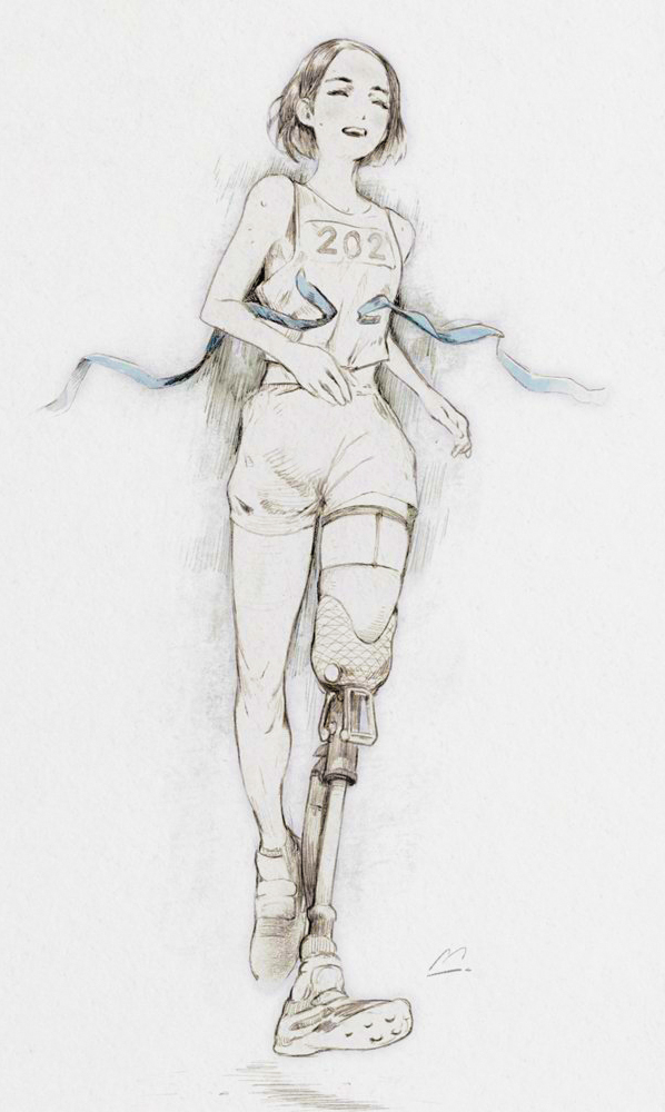 1girl, artist_logo, blue_ribbon, breasts, closed_eyes, closed_mouth, english_commentary, graphite_(medium), limited_palette, makushiro, midriff_peek, original, prosthesis, prosthetic_leg, ribbon, running, shoes, short_hair, shorts, sketch, small_breasts, sneakers, solo, tank_top, teeth, traditional_media, upper_teeth_only, white_background