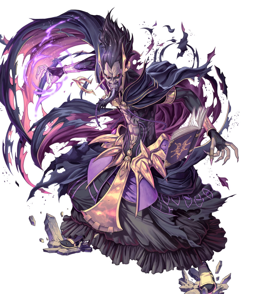 1boy, abs, beard, black_bodysuit, black_hair, bodysuit, cape, clenched_teeth, damaged, dark-skinned_male, dark_skin, evil_smile, facial_hair, fire, fire_emblem, fire_emblem_awakening, fire_emblem_heroes, highres, izuka_daisuke, muscular, muscular_male, non-web_source, official_art, purple_cape, purple_fire, red_eyes, smile, solo, teeth, torn_bodysuit, torn_cape, torn_clothes, validar_(fire_emblem)