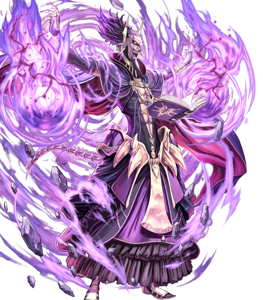 1boy, abs, arms_up, attack, beard, black_bodysuit, black_hair, bodysuit, book, cape, dark-skinned_male, dark_skin, evil_smile, facial_hair, fire, fire_emblem, fire_emblem_awakening, fire_emblem_heroes, highres, izuka_daisuke, magic, muscular, muscular_male, non-web_source, official_art, open_mouth, pointy_nose, purple_cape, purple_fire, red_eyes, smile, solo, tail, teeth, validar_(fire_emblem)