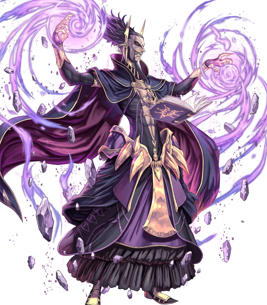 1boy, abs, arms_up, attack, beard, black_bodysuit, black_hair, bodysuit, book, cape, dark-skinned_male, dark_skin, evil_smile, facial_hair, fire, fire_emblem, fire_emblem_awakening, fire_emblem_heroes, highres, izuka_daisuke, magic, muscular, muscular_male, non-web_source, official_art, pointy_nose, purple_cape, purple_fire, red_eyes, smile, solo, validar_(fire_emblem)