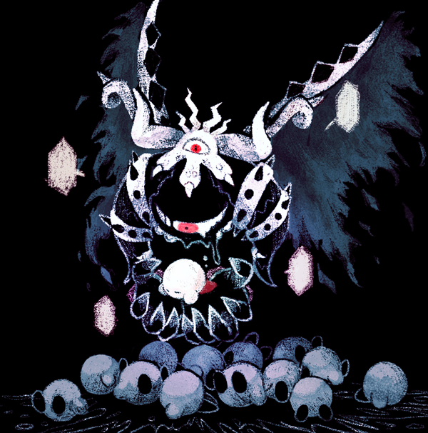 1other, bad_end, black_background, closed_eyes, commentary_request, crown, disembodied_limb, horns