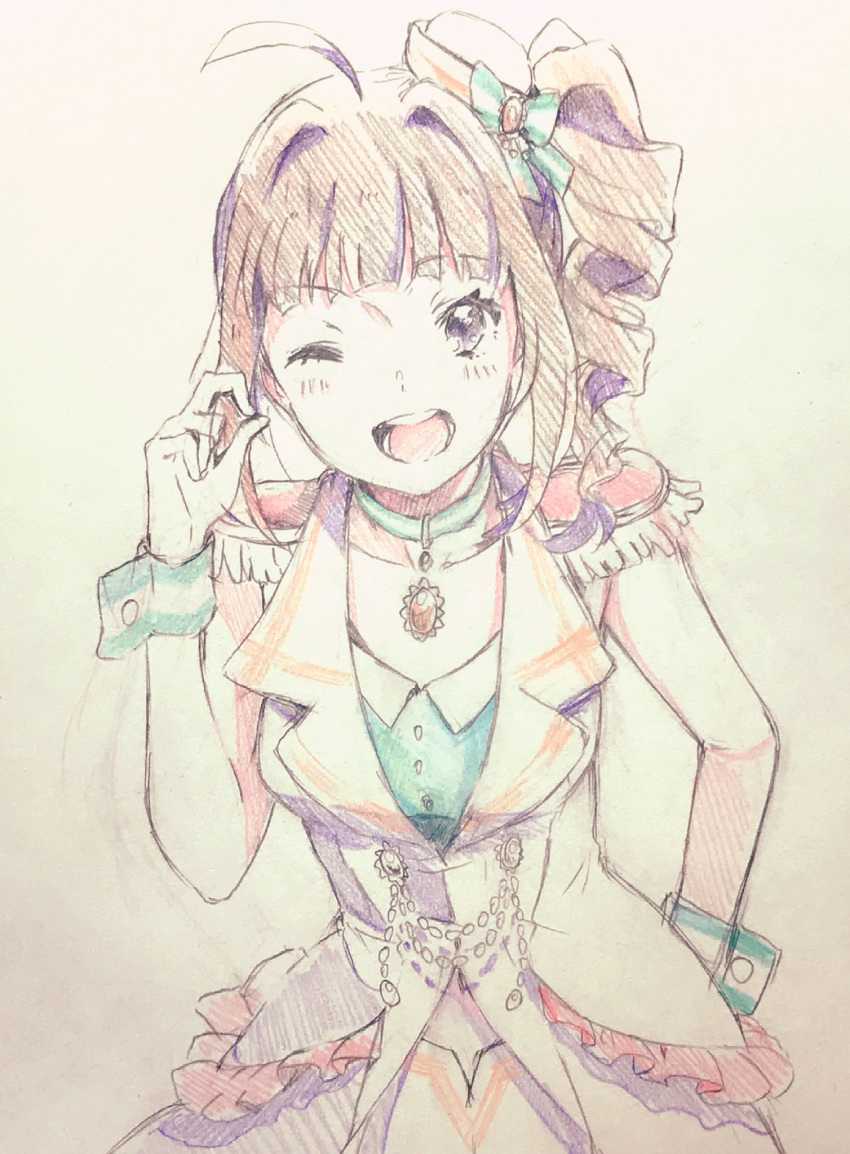 1girl, ahoge, aqua_bow, aqua_choker, aqua_wrist_cuffs, blunt_bangs, blush_stickers, bow