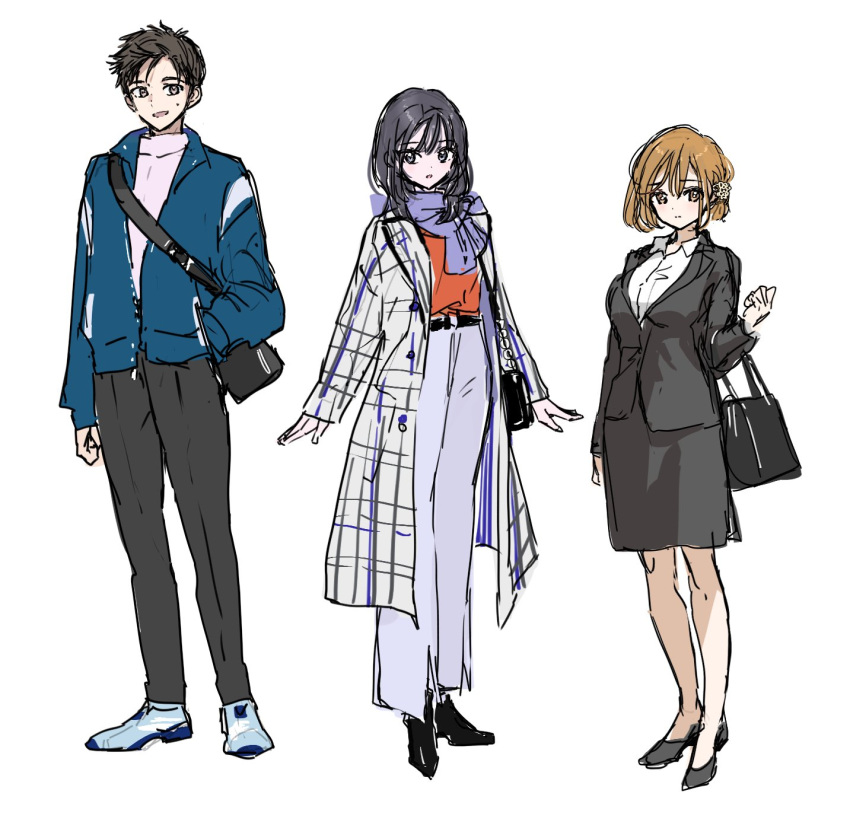 1boy, 2girls, adagaki_aki, black_hair, blue_jacket, brown_eyes, brown_hair, closed_mouth