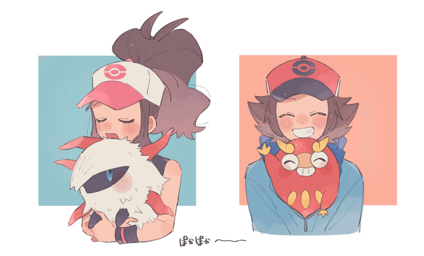 1boy, 1girl, :d, black_vest, black_wristband, blue_jacket, blush, brown_hair