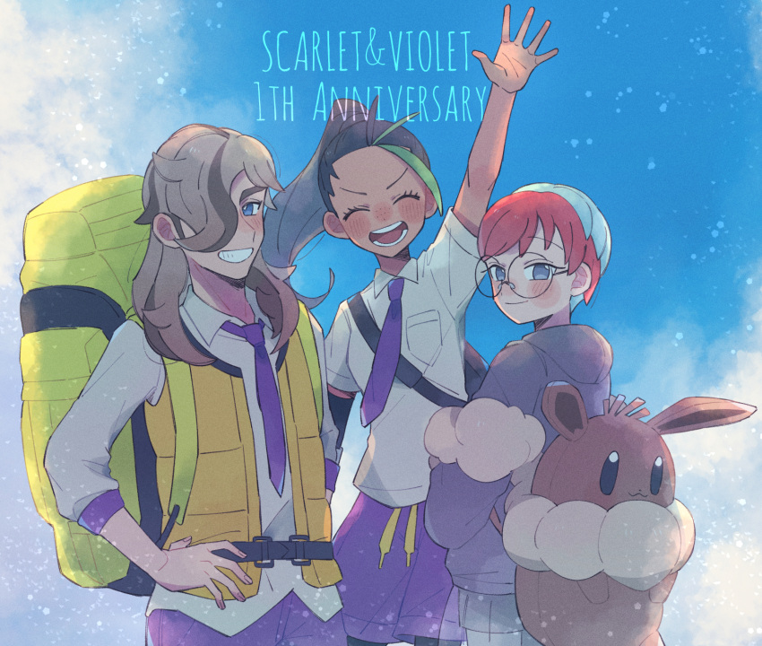 1boy, 2girls, :d, anniversary, arm_up, arven_(pokemon), backpack, bag