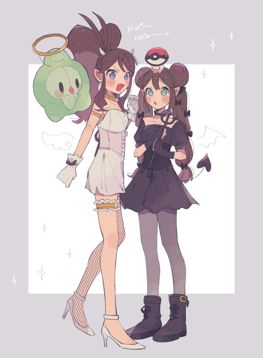2girls, :d, blush, boots, bow, bridal_garter, brown_hair, commentary_request