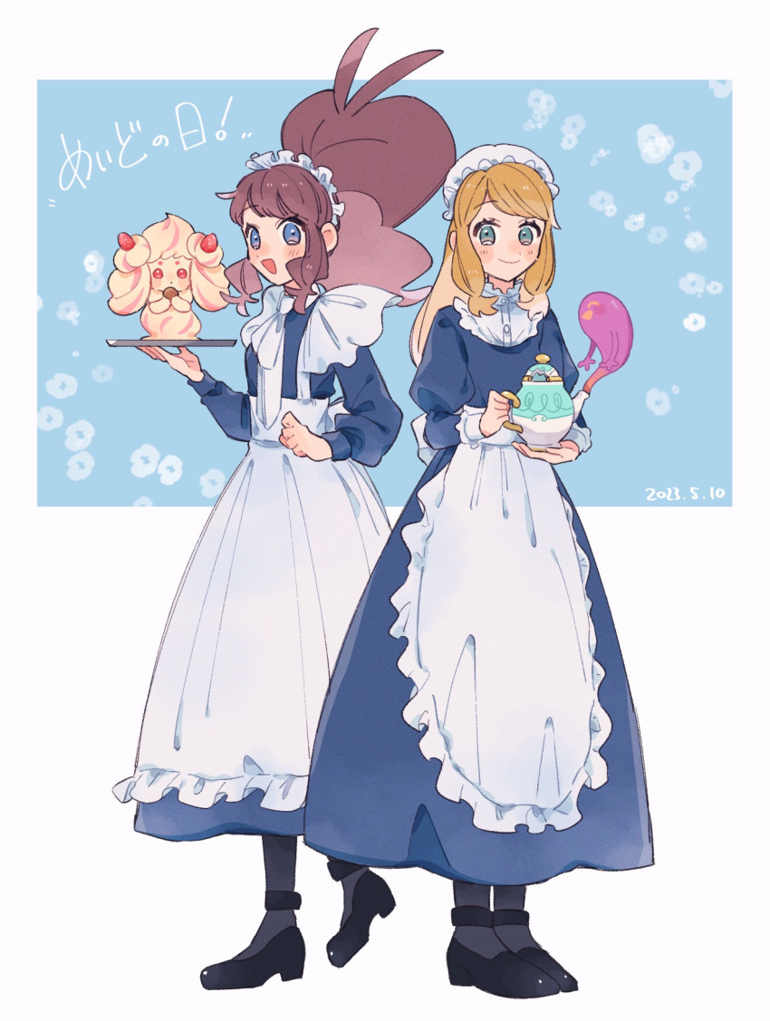 2girls, :d, alcremie, alcremie_(strawberry_sweet), alternate_costume, apron, black_footwear, blonde_hair