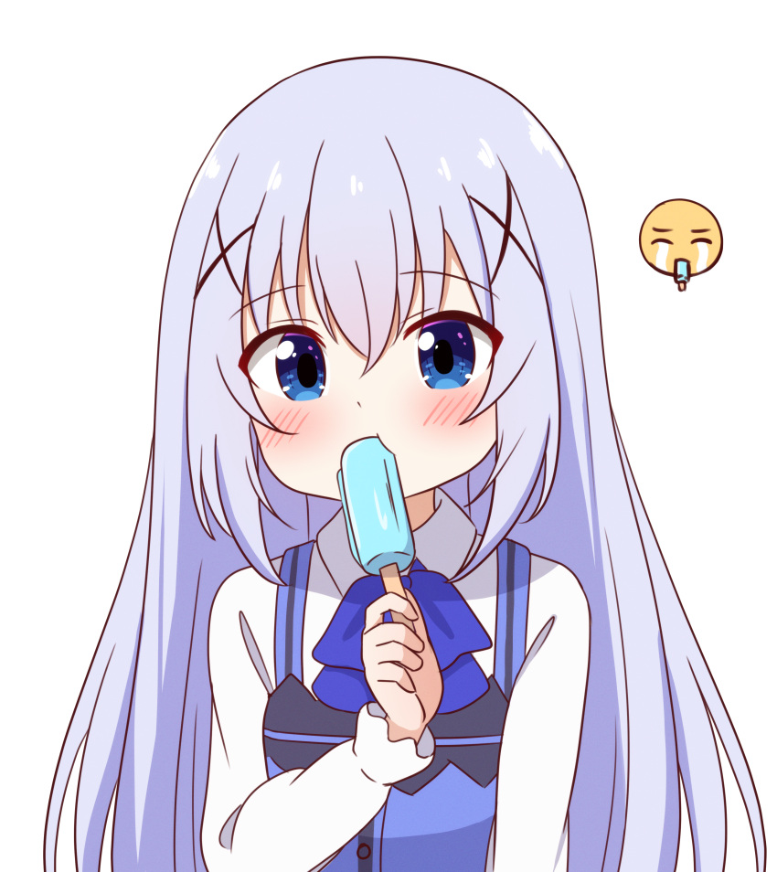 absurdres, blue_eyes, blush, emoticon, firli_(ard), flat_chest, food, gochuumon_wa_usagi_desu_ka?, highres, ice_cream, kafuu_chino, loli, long_hair, ribbon, white_hair