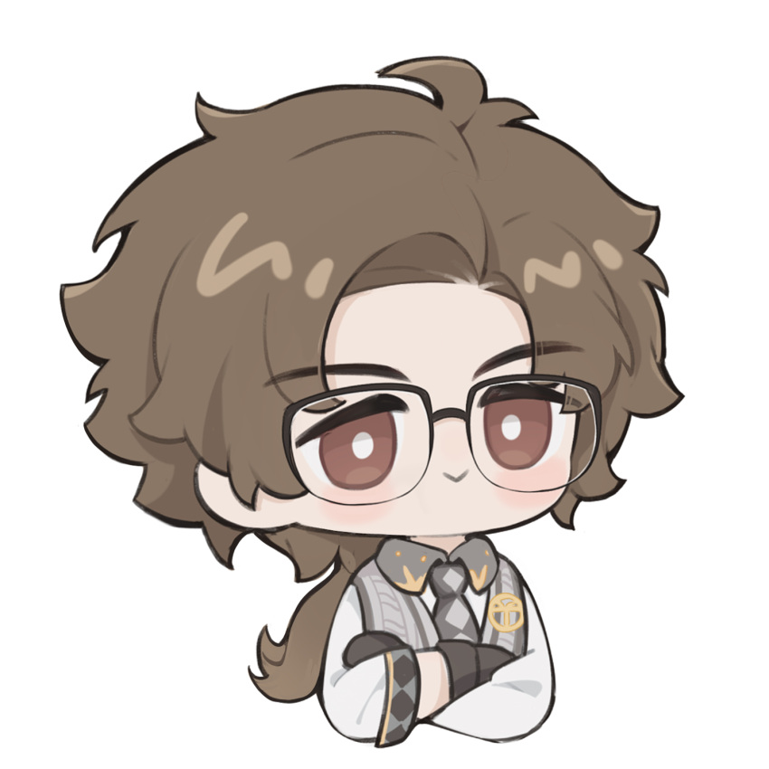 1boy, :>, ai_chi_guobaoyou, black-framed_eyewear, black_gloves, brown_eyes, brown_hair, checkered_necktie
