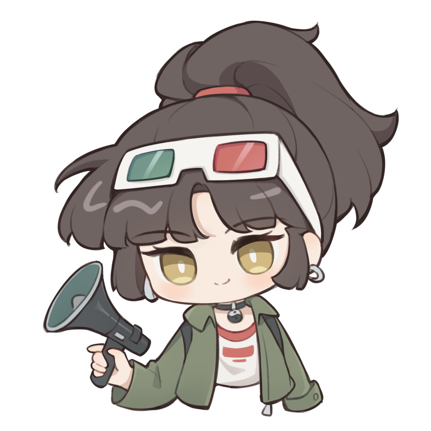 1girl, 3d_glasses, ai_chi_guobaoyou, an-an_lee, black_choker, black_hair, chibi, choker, closed_mouth, cropped_torso, earrings, eyewear_on_head, green_jacket, hand_up, highres, holding, holding_megaphone, jacket, jewelry, megaphone, ponytail, reverse:1999, shirt, short_hair, smile, solo, upper_body, white_background, white_shirt, yellow_eyes, yin_yang