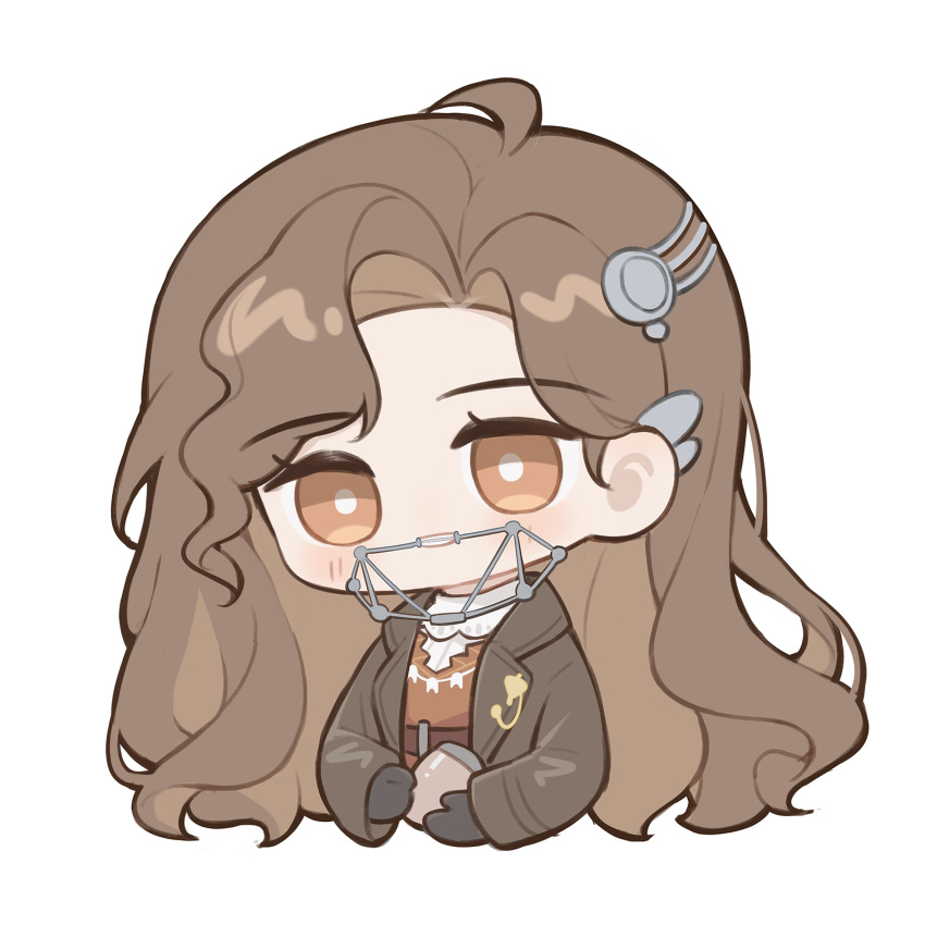1girl, ai_chi_guobaoyou, black_gloves, braces, brown_coat, brown_eyes, brown_hair, chibi