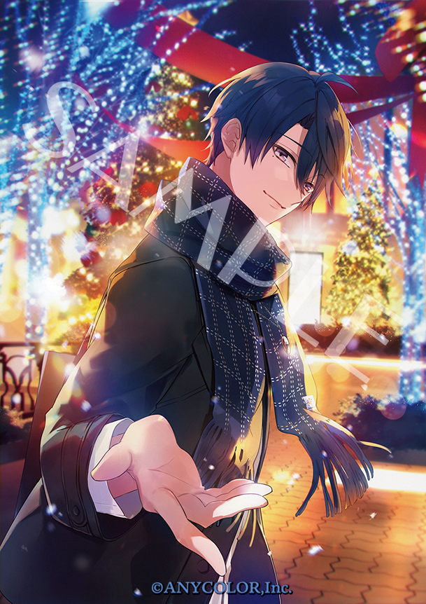 1boy, beckoning, black_jacket, blue_hair, blue_scarf, christmas, christmas_lights, christmas_tree
