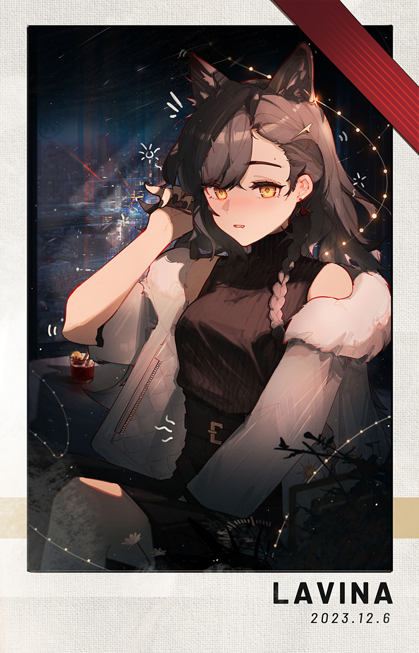 1girl, absurdres, animal_ears, arknights, black_dress, braid, brown_hair, character_name, dated, dress, earrings, highres, huajiaohaibao, jacket, jewelry, long_hair, mole_above_eye, official_alternate_costume, open_mouth, penance_(arknights), penance_(occasionally_flushed)_(arknights), single_braid, sleeveless, sleeveless_turtleneck, solo, stud_earrings, sweater, sweater_dress, turtleneck, white_jacket, wolf_ears, wolf_girl, yellow_eyes