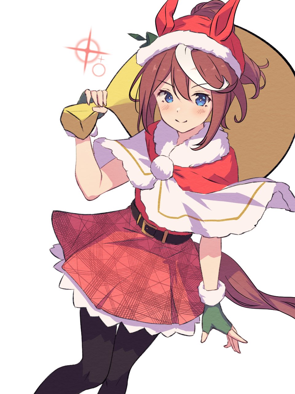 1girl, alternate_costume, animal_ears, black_pantyhose, blue_eyes, brown_hair, capelet, fingerless_gloves, gloves, green_gloves, hair_flaps, high_ponytail, highres, horse_ears, horse_girl, horse_tail, long_hair, multicolored_hair, pantyhose, red_capelet, red_headwear, red_skirt, santa_costume, simple_background, skirt, solo, streaked_hair, tail, tokai_teio_(umamusume), two-tone_hair, umamusume, wa_(wamizest7), white_background, white_hair