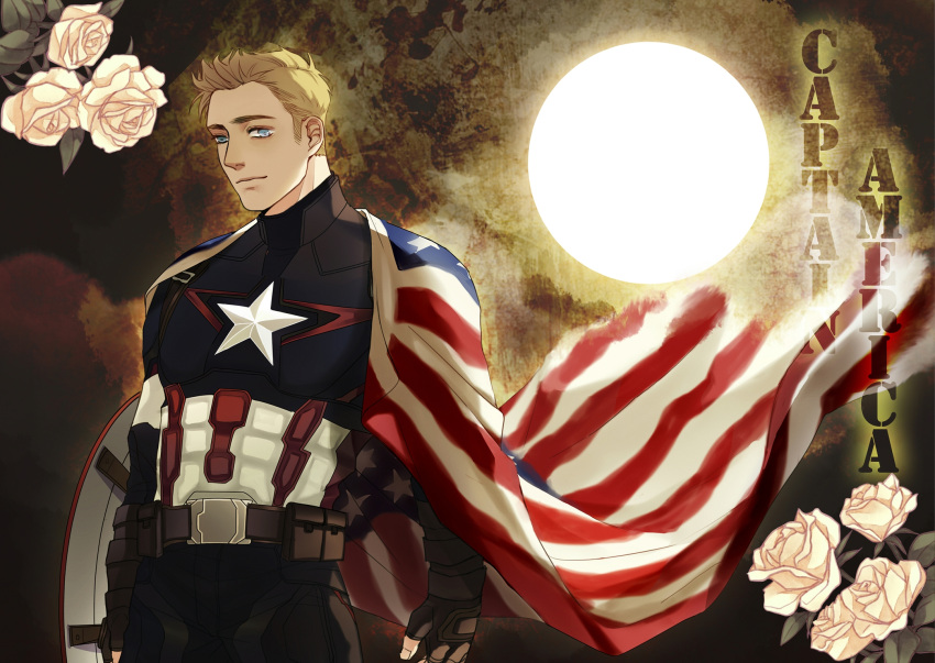 1boy, american_flag, arethusa_smile, belt, blonde_hair, blue_bodysuit, blue_eyes, bodysuit