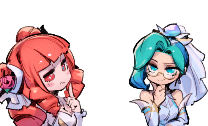 2girls, bare_shoulders, blunt_bangs, blush, character_request, check_character, crystal_rose_vayne, detached_sleeves, double_bun, drill_hair, glasses, green_eyes, green_hiar, gwen_(league_of_legends), hair_bun, hand_up, index_finger_raised, league_of_legends, league_of_legends:_wild_rift, long_hair, multicolored_hair, multiple_girls, phantom_ix_row, prestige_crystal_rose_gwen, red_eyes, redhead, short_hair, simple_background, smile, two-tone_hair, vayne_(league_of_legends), wavy_mouth, white_background