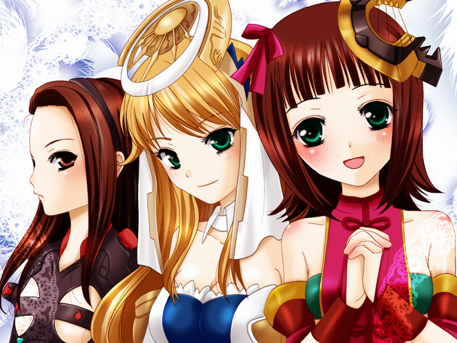 amami_haruka, ar_tonelico, ar_tonelico_ii, blonde_hair, bodysuit, bridal_gauntlets, brown_eyes, brown_hair, chroche_latel_pastalie, chroche_latel_pastalie_(cosplay), cosplay, detached_sleeves, green_eyes, gust, hair_ornament, hair_ribbon, hands_clasped, hoshii_miki, idolmaster, idolmaster_2, inumori_sayaka, jakuri, jakuri_(cosplay), long_hair, luca_truelywaath, luca_truelywaath_(cosplay), minase_iori, multiple_girls, open_mouth, ribbon, short_hair, smile