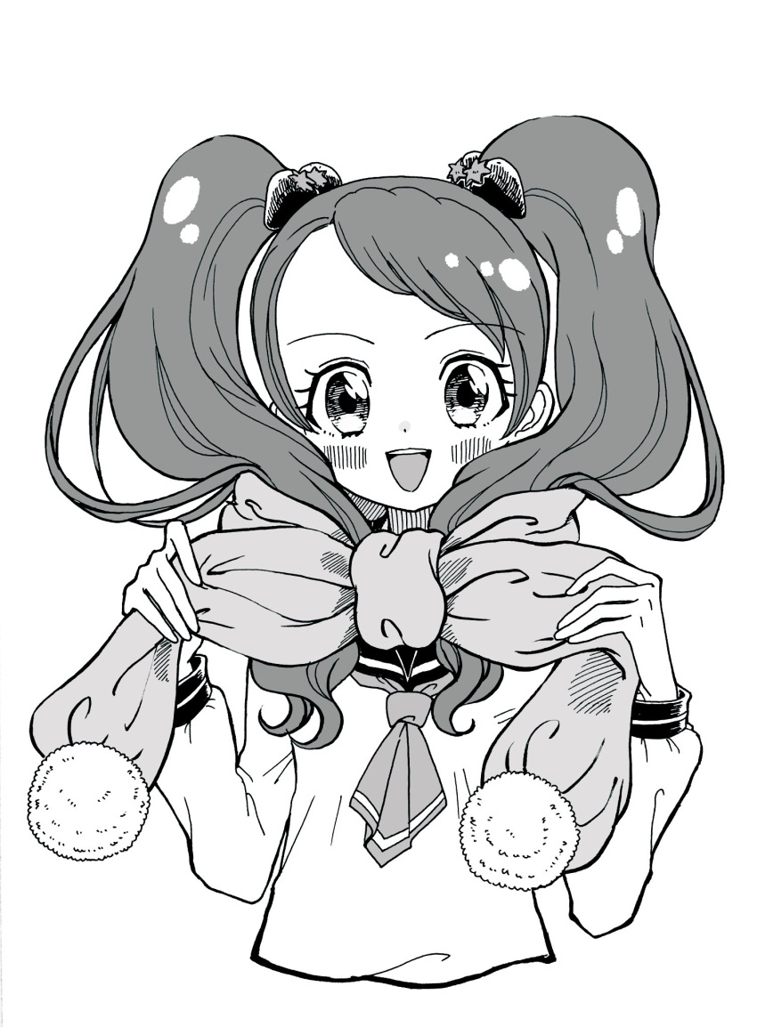 aji_fry, blush, commentary_request, eyelashes, food-themed_hair_ornament, greyscale, hair_ornament, highres