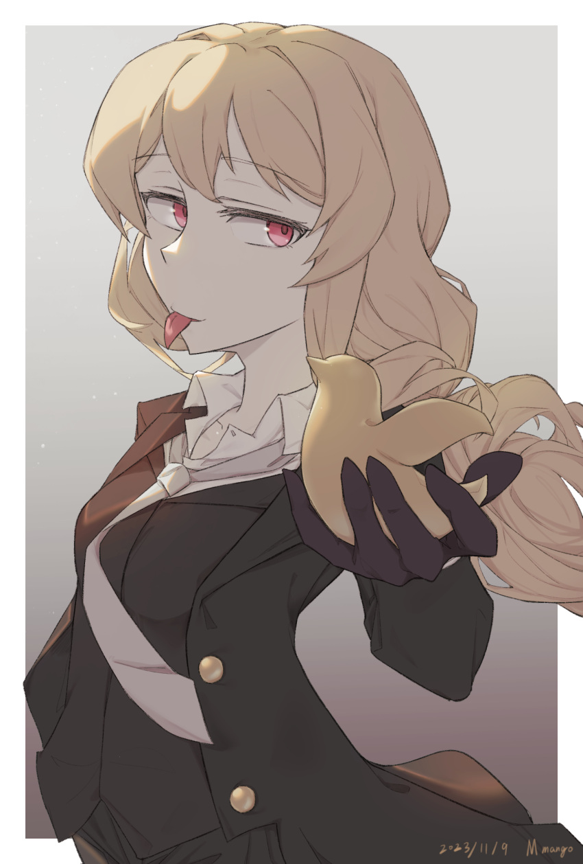 1girl, artist_name, bird, black_gloves, black_jacket, black_pants, black_vest, blonde_hair