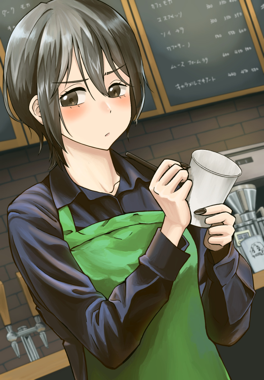 1girl, apron, black_hair, black_shirt, brown_eyes, coffee_cup, collared_shirt, commentary