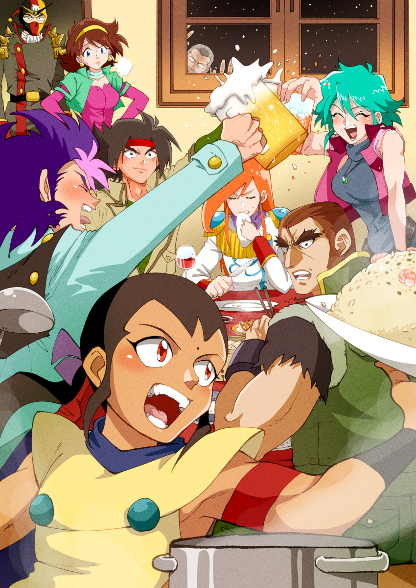 2girls, 6+boys, absurdres, alcohol, allenby_beardsley, argo_gulskii, bare_shoulders, beer
