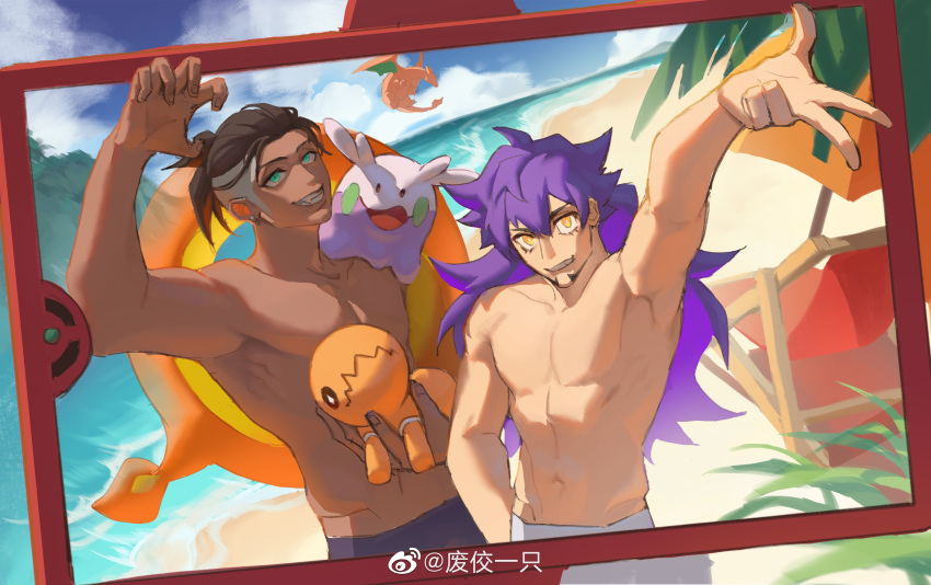 2boys, absurdres, arm_up, beach, beach_chair, black_hair, charizard, claw_pose