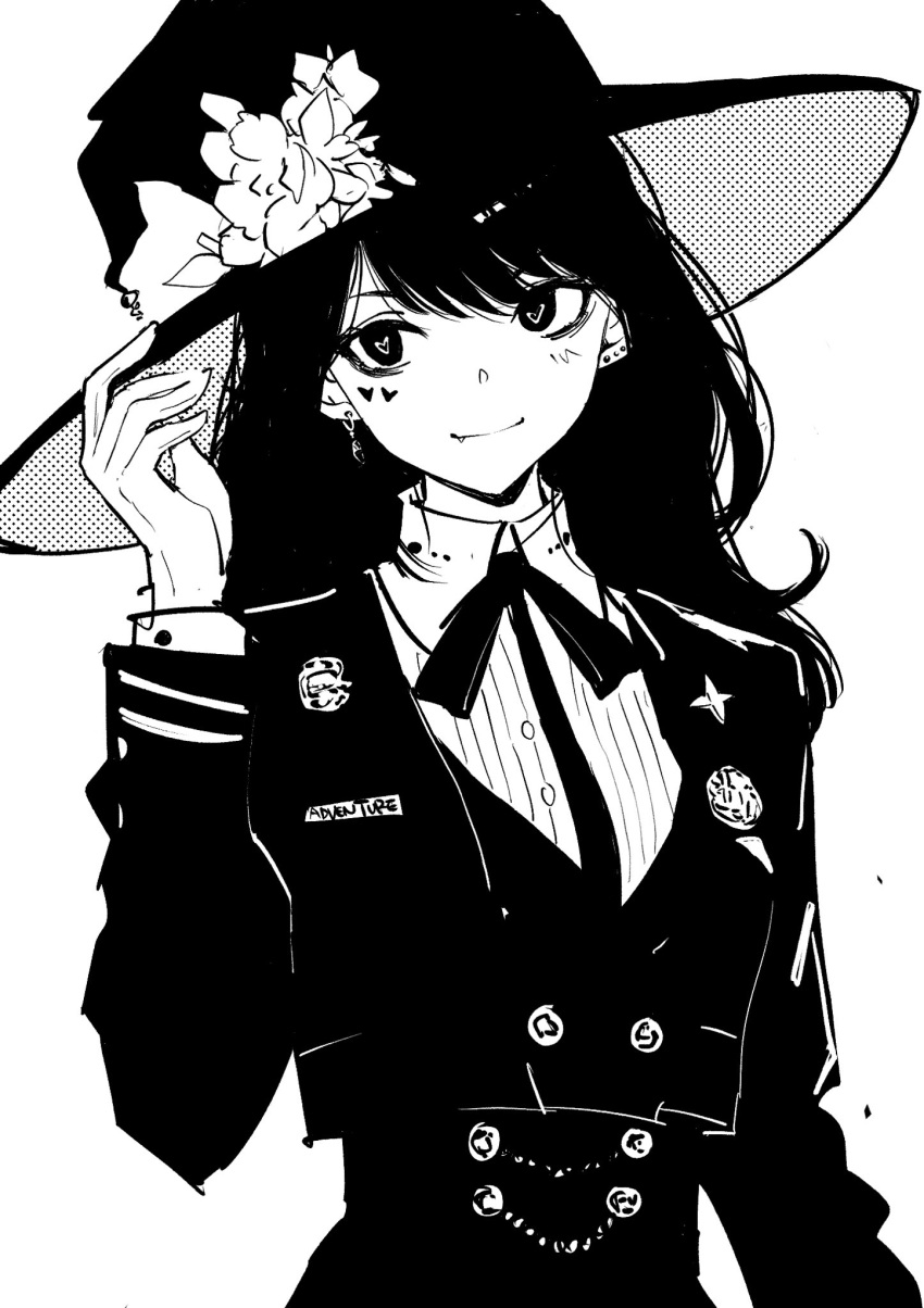 1girl, adjusting_clothes, adjusting_headwear, bow, bowtie, dithering, earrings, epaulettes