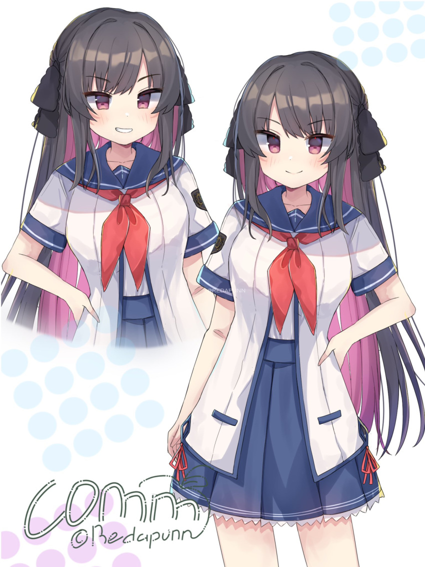 1girl, ao_no_kanata_no_four_rhythm, arm_at_side, black_hair, black_ribbon, black_shirt, blush, closed_mouth, coat, colored_inner_hair, commentary, commission, cowboy_shot, english_commentary, eyes_visible_through_hair, frilled_skirt, frills, grin, hair_between_eyes, hair_ribbon, hand_on_own_hip, high-waist_skirt, highres, long_hair, looking_at_viewer, multicolored_hair, multiple_views, neckerchief, open_clothes, open_shirt, pedapunn, pink_hair, pleated_skirt, red_neckerchief, red_ribbon, ribbon, school_uniform, serafuku, shirt, short_sleeves, sidelocks, simple_background, skirt, smile, solo, standing, straight_hair, striped, striped_coat, tobisawa_misaki, twitter_username, vertical-striped_coat, very_long_hair, violet_eyes, white_background, white_shirt