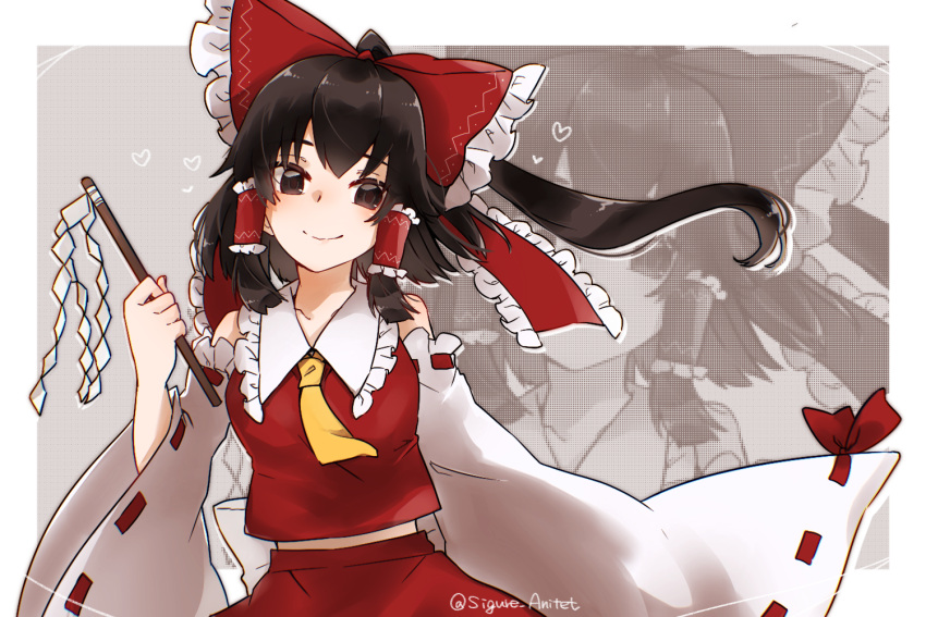 1girl, ascot, bow, brown_eyes, brown_hair, detached_sleeves, frilled_bow, frilled_hair_tubes