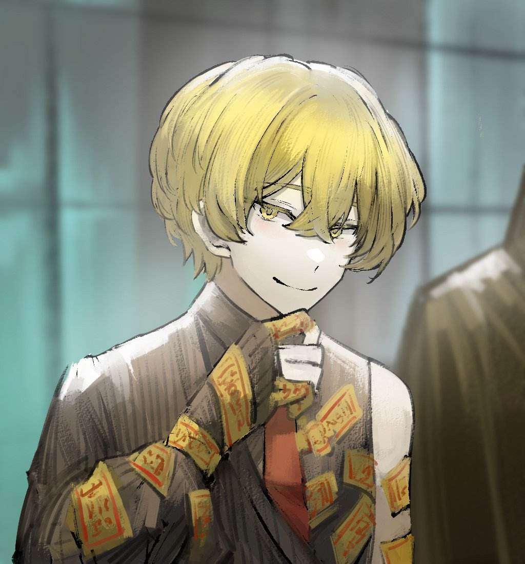 1boy, 1other, brown_coat, brown_shirt, coat, collared_shirt, hand_up, indoors