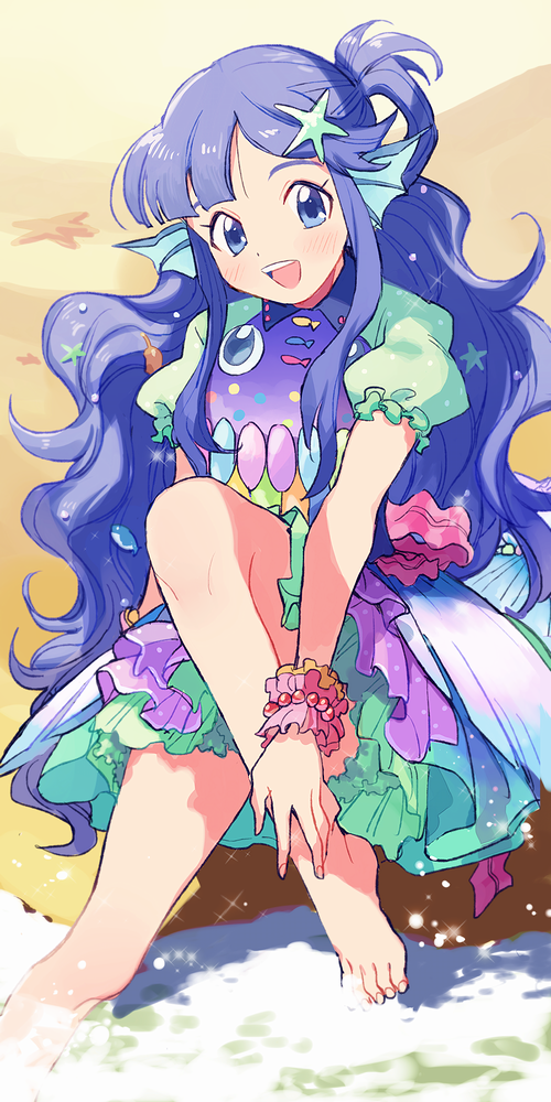 1girl, asari_nanami, barefoot, beach, bead_bracelet, beads, blue_eyes, blue_hair